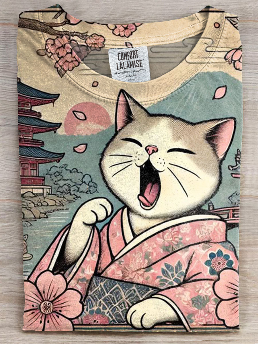Japanese Cat Print Casual T-shirt