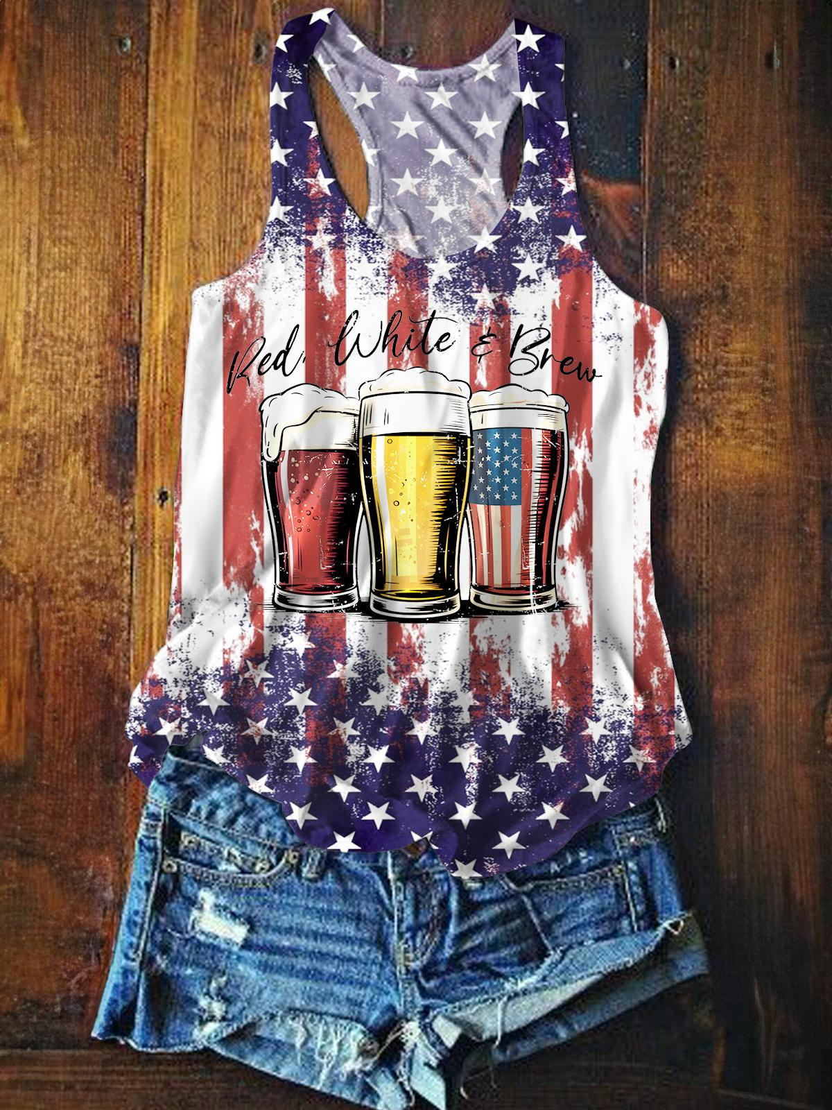 Vintage Independence Day Flag Printed Casual Tank Top