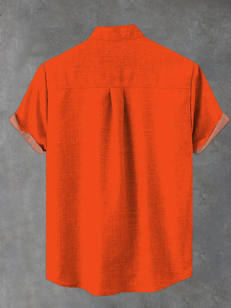 Orange-Red Cute Curious Kitten Printing Breast Pocket Cotton Linen Short Sleeve Shirt