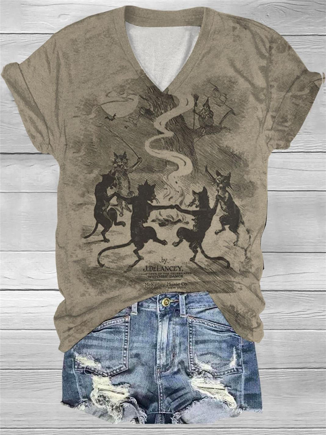 The Black Cat Dance Print V-Neck T-Shirt