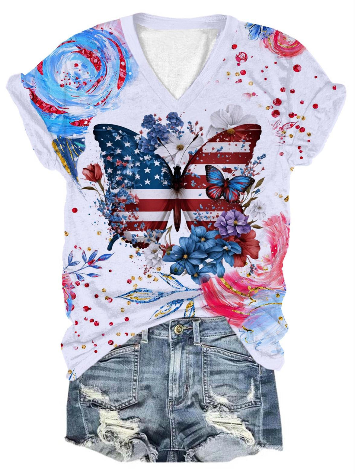 Independence Day Floral Butterfly Print V-Neck T-Shirt