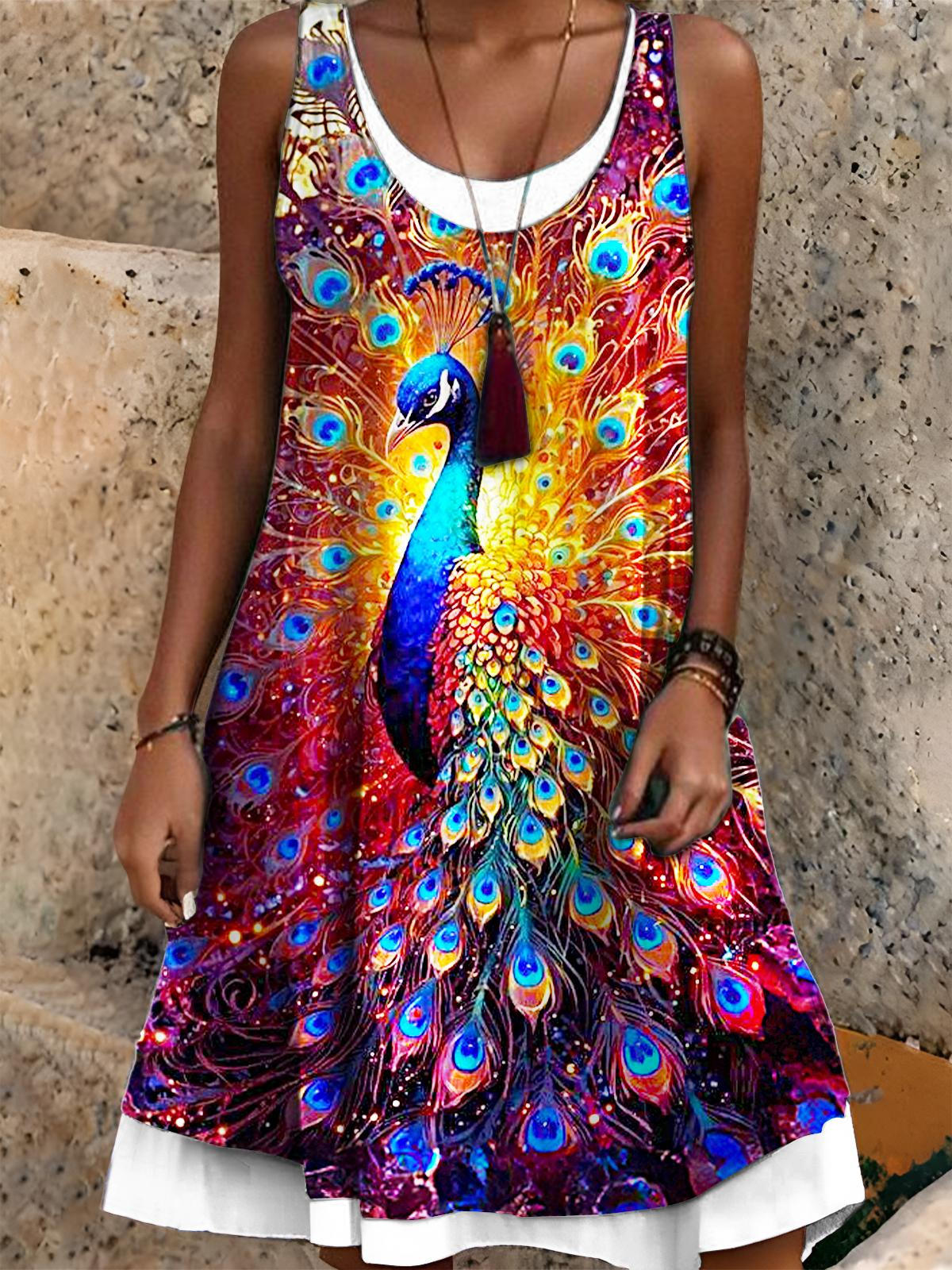 Summer Colorful Peacock Print False Two Dress