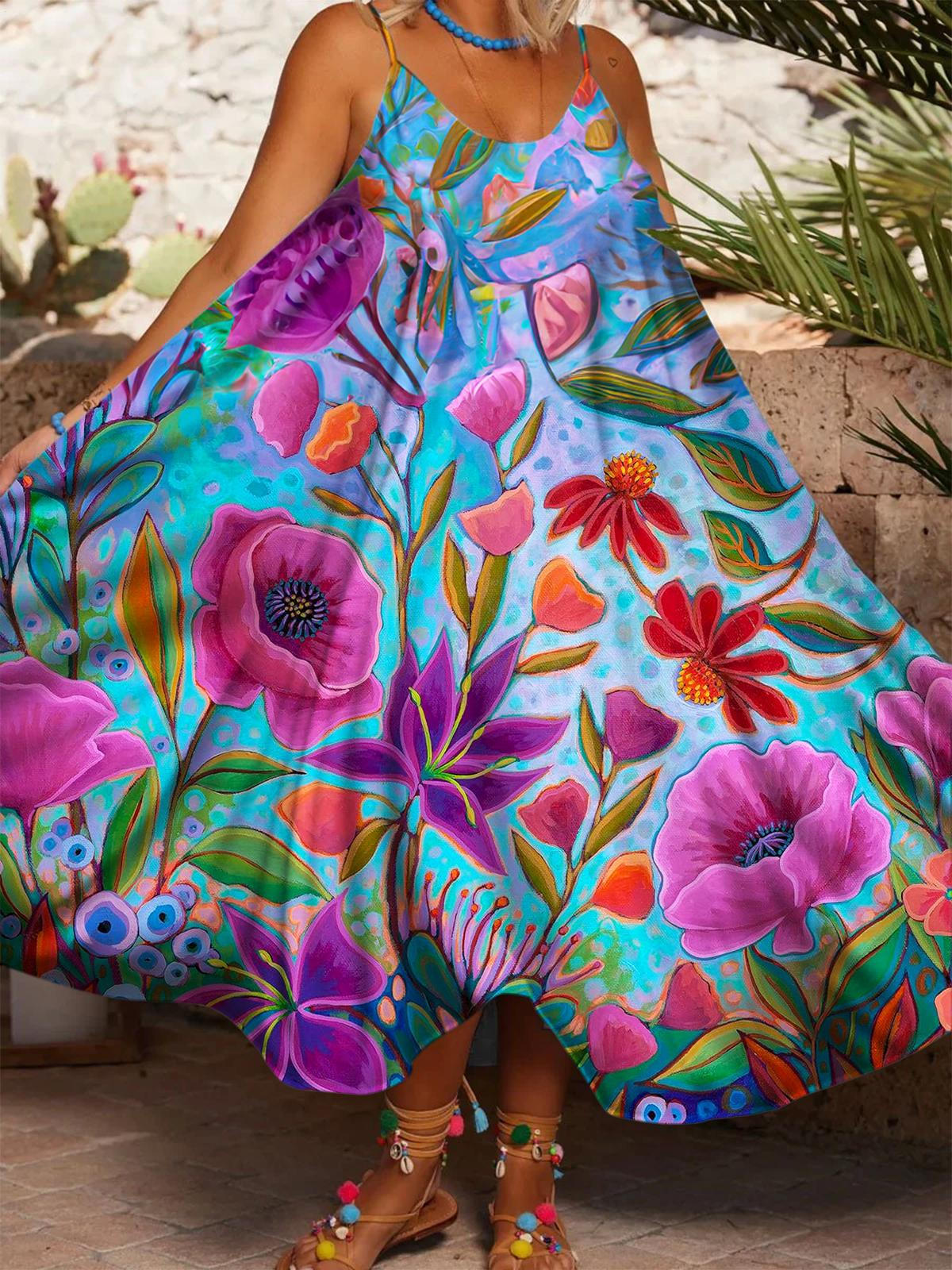 Flower Garden Print Casual Spaghetti Strap Dress