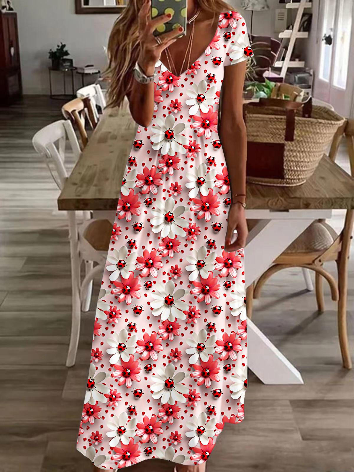 Spring Floral Ladybug Print Short Sleeve V Neck Maxi Dress