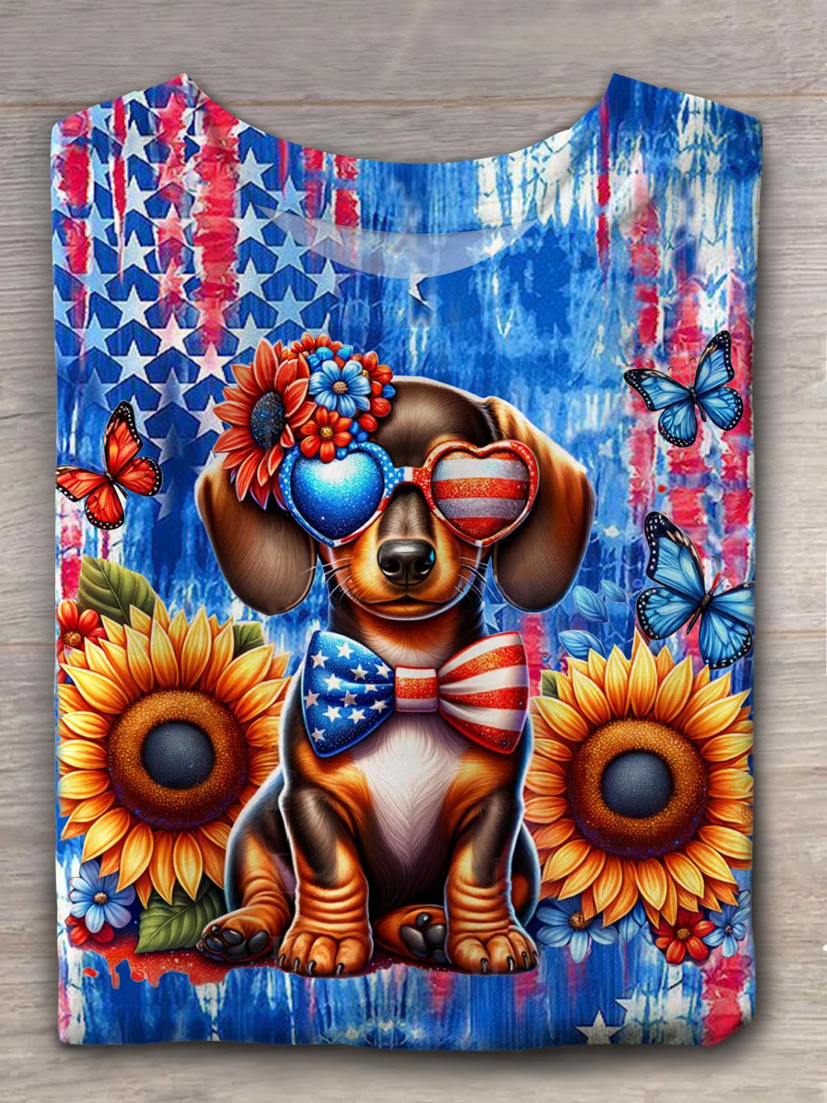 4th Of July Dachshund Sunflower Crew Neck T-shirt