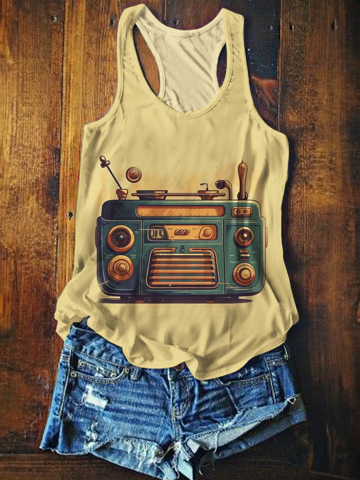Vintage Radio Print Casual Tank Top