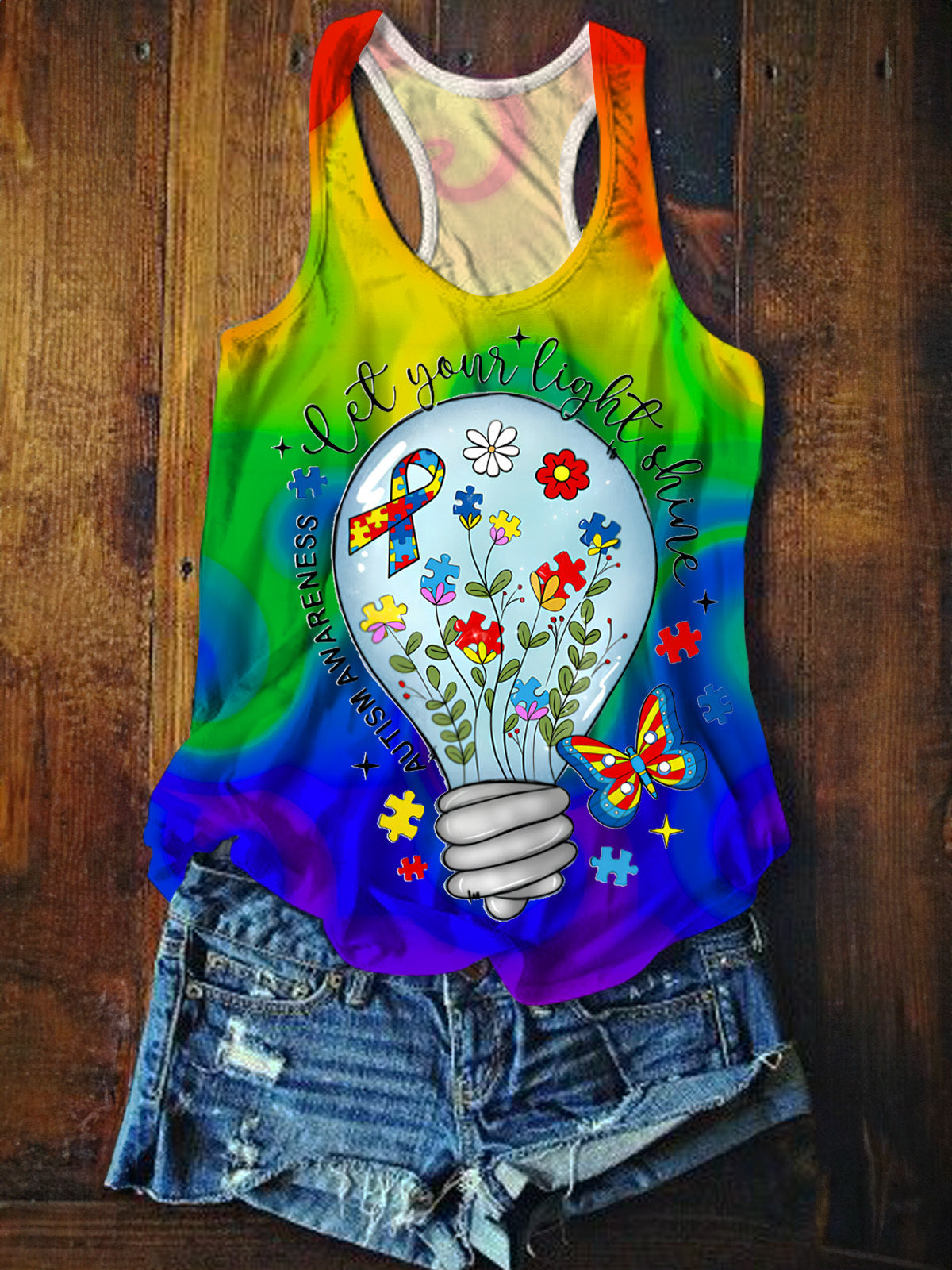 Let Your Light Shine Autism Awareness Printed Casual Tank Top
