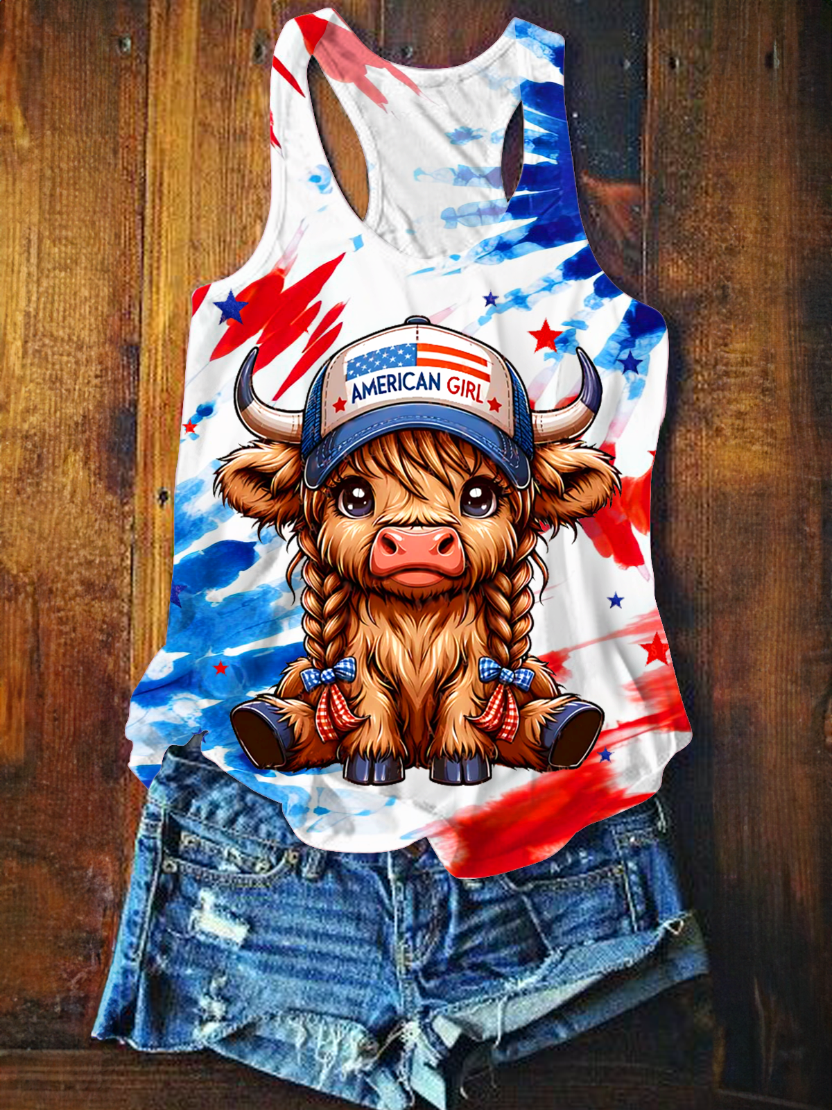 Fourth Of July PatrioticWestern Cow Printed Casual Tank Top