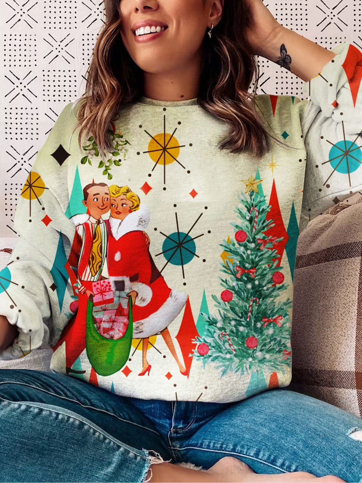 Women's Retro Geometric Christmas Print Top