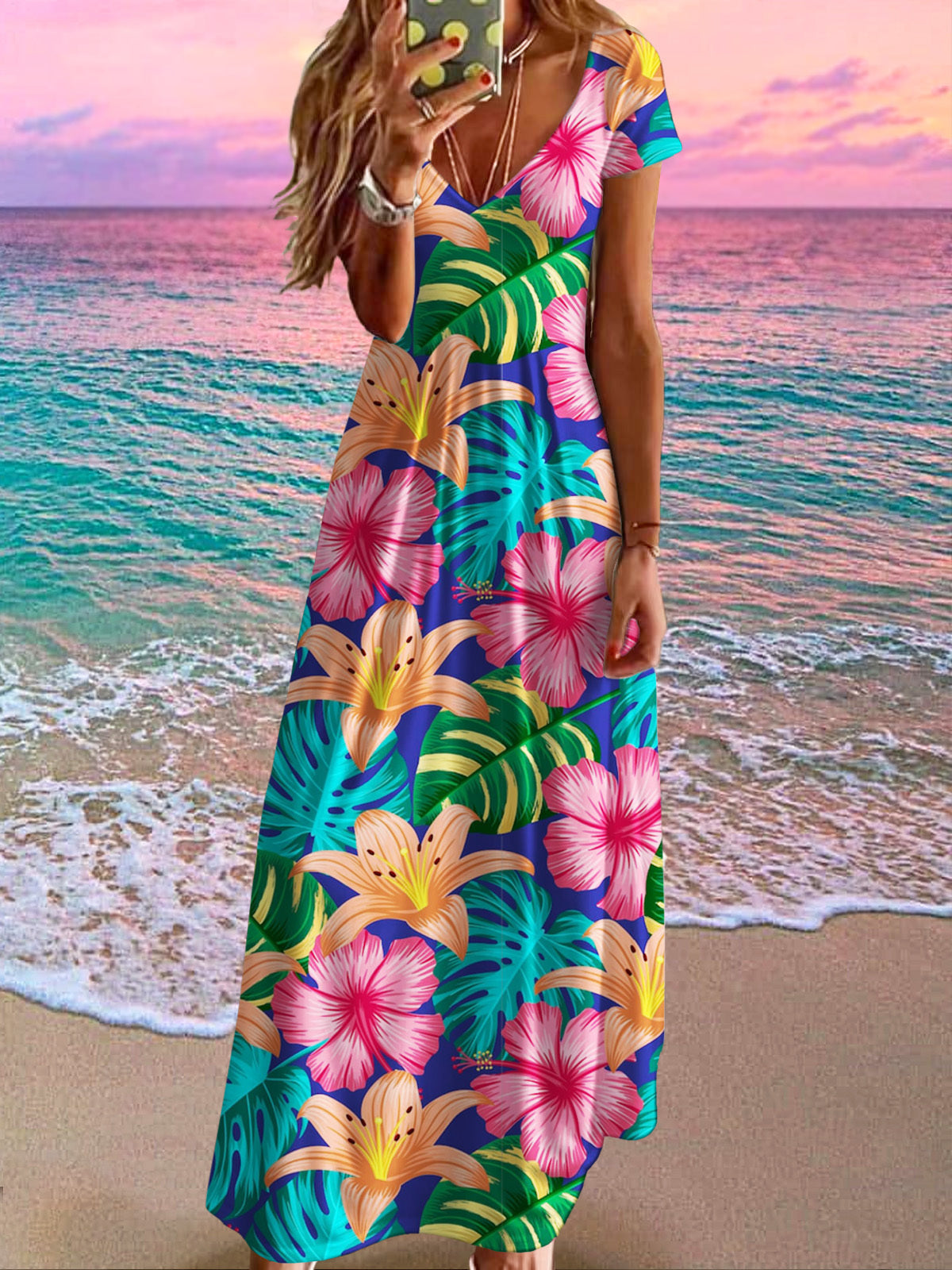 Hawaii Tropical Flower Beach Vacation Short Sleeve V Neck Maxi Dress