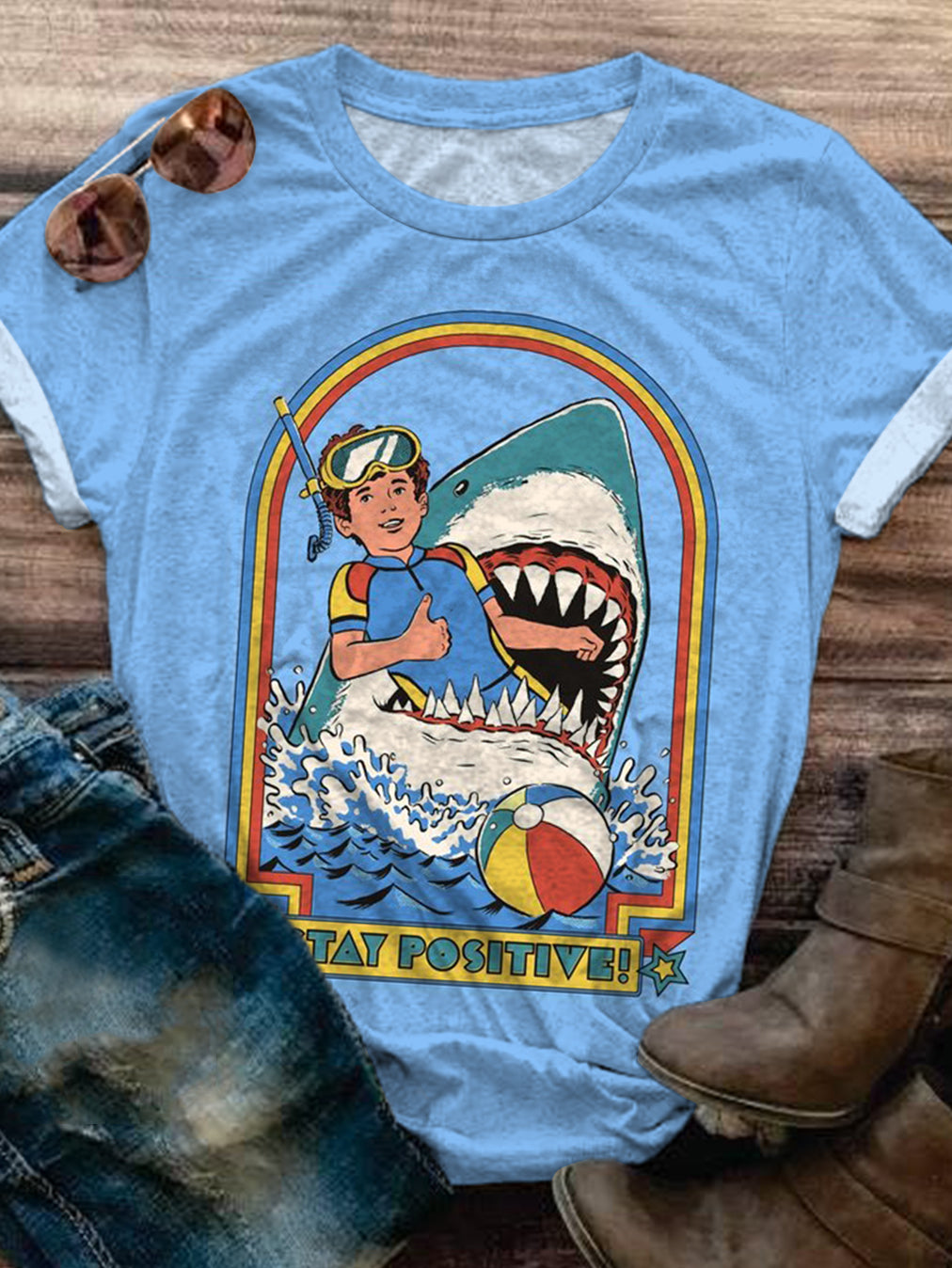 Diving Boy Stay Postive Funny Word Crew Neck T-shirt