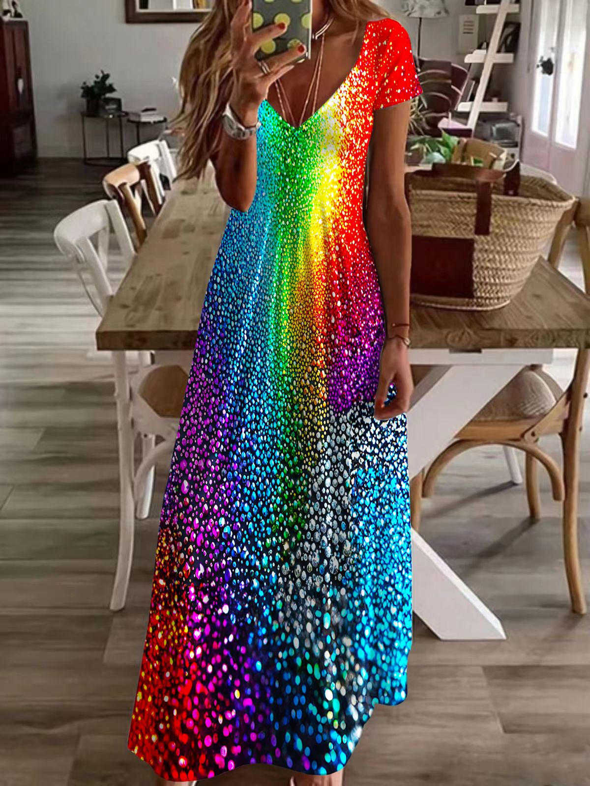 Summer Rainbow Diamond Print Short Sleeve V Neck Maxi Dress