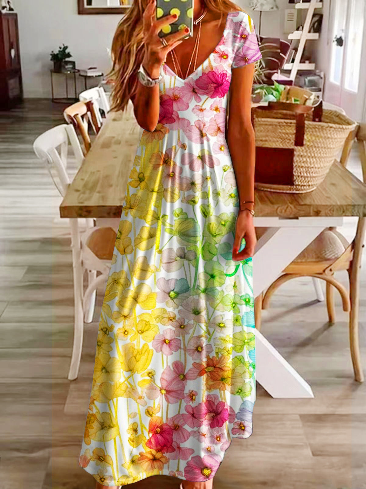 Gradient Flowers Short Sleeve V Neck Maxi Dress