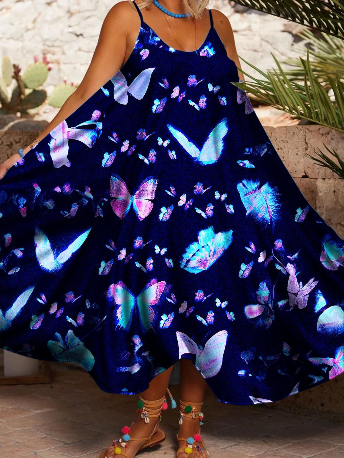 Women's Fantasy Butterfly Printed Casual Spaghetti Strap Dress