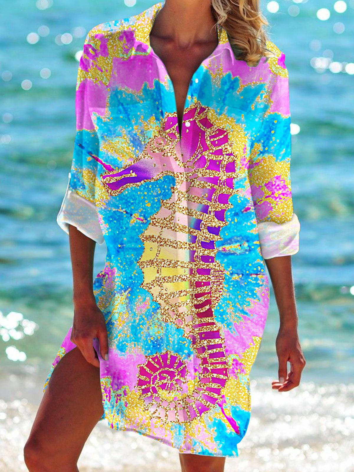 Summer Ocean Seahorse Print Long Sleeve Beach Shirt Dress