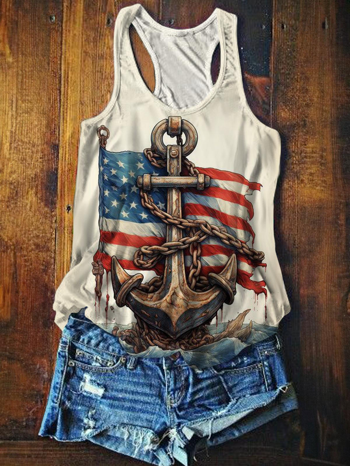 American Flag Anchor Print Casual Tank Top