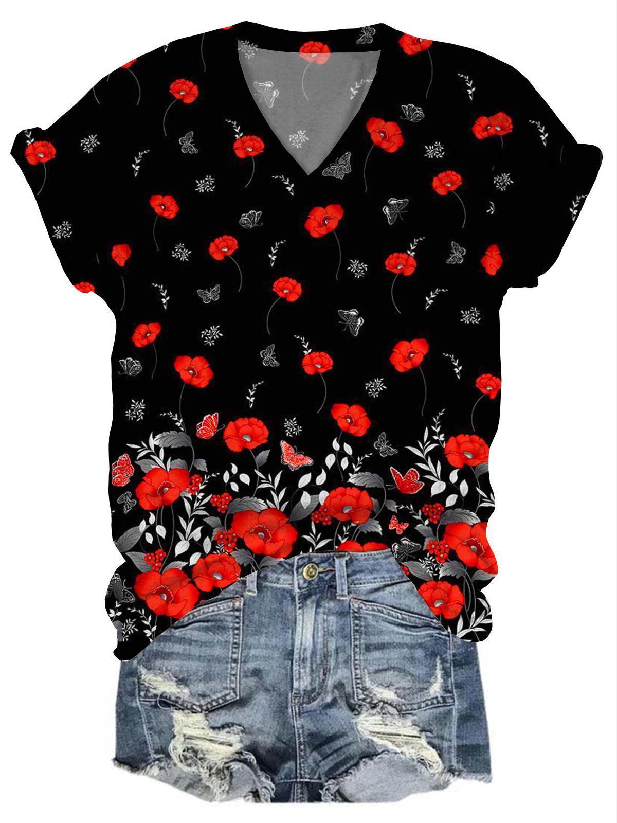 Flower V-Neck Multicolor T-Shirt