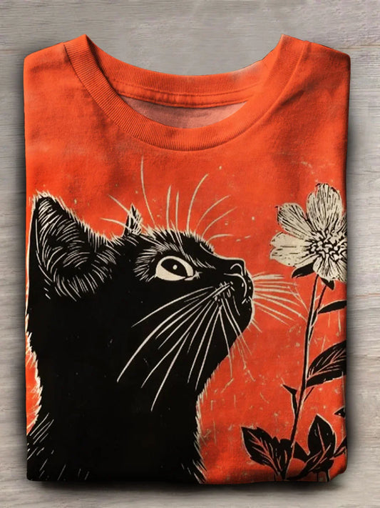 Funny Cat Print Casaul Crew Neck T-shirt