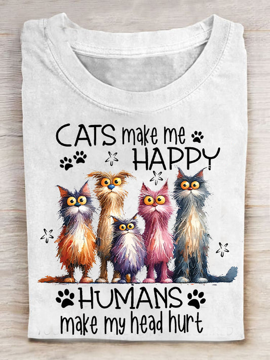 Cats Make Me Happy Printed Casual T-shirt