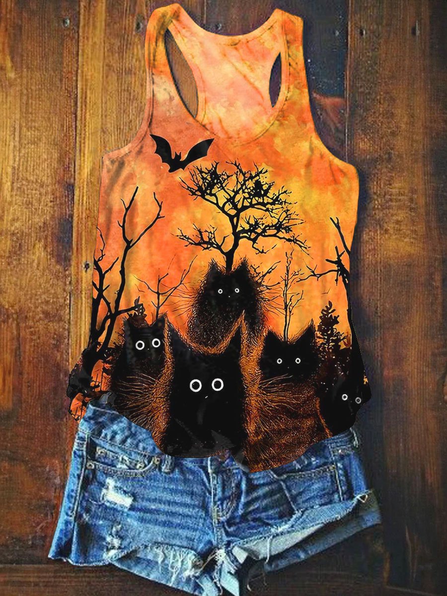 Halloween Black Cat Print Tank Top