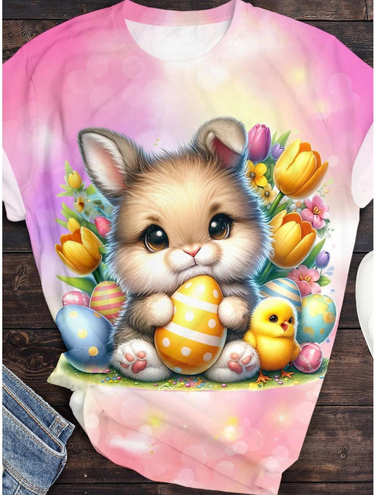 Women's Easter Animal Printed Crew Neck T-shirt