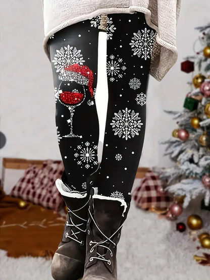 Christmas Red Wine Glass Snowflake Print Leggings