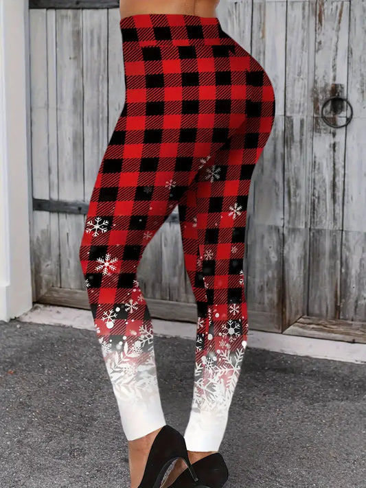 Women's Festive Plaid & Snowflake Print Skinny Leggings