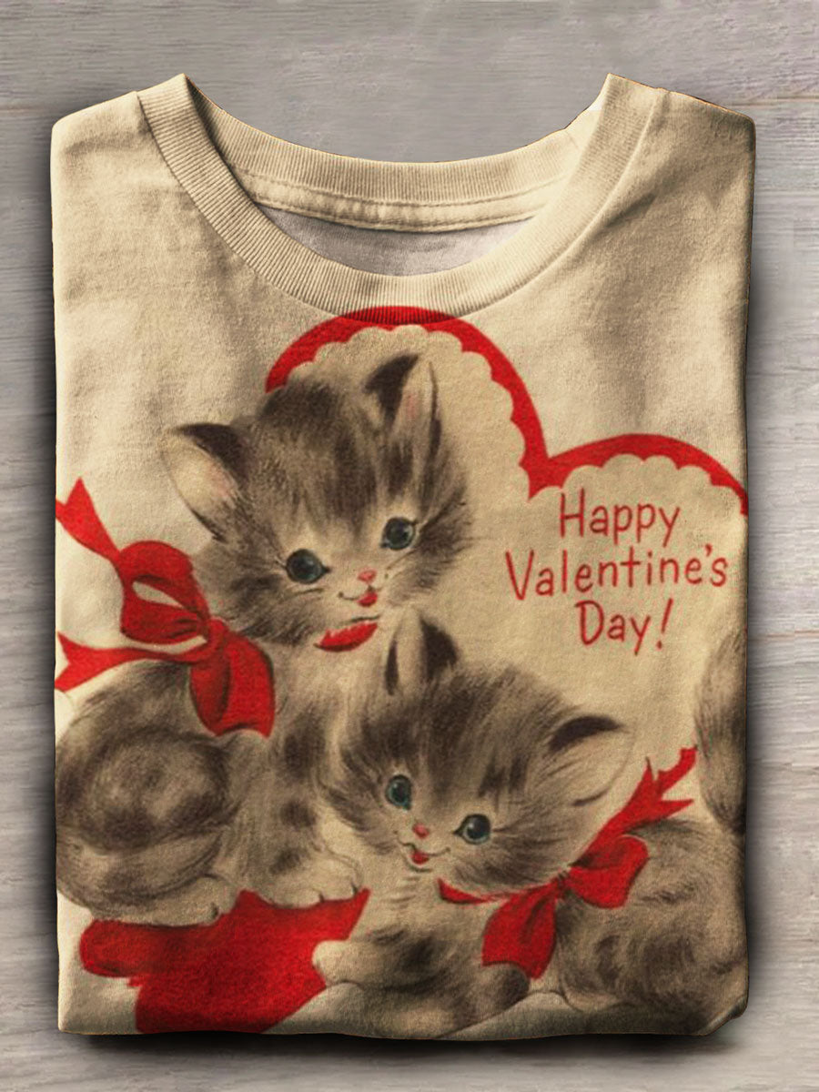 Women's Valentine's Day Cat Print Crew Neck T-shirt