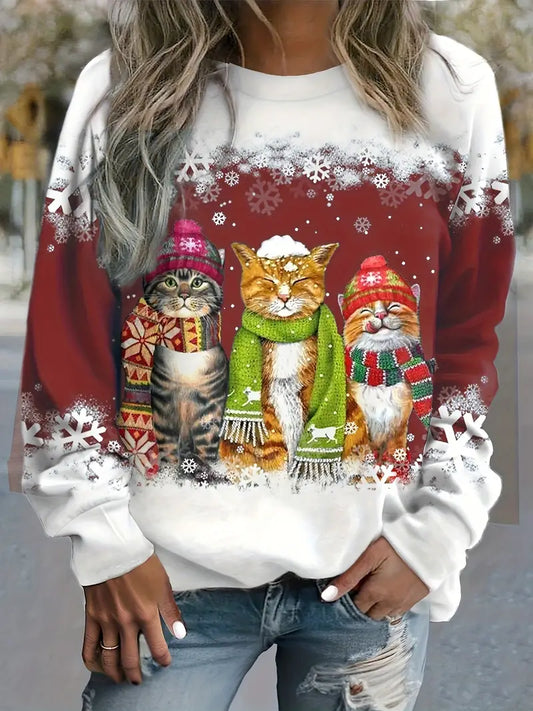 Women's Christmas Cat Print Colorful Christmas Long Sleeve Casual Top