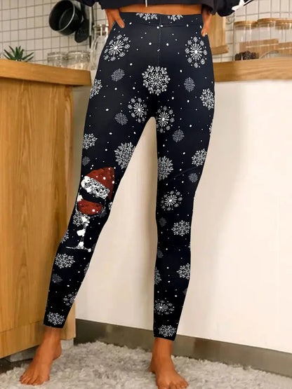 Christmas Red Wine Glass Snowflake Print Leggings