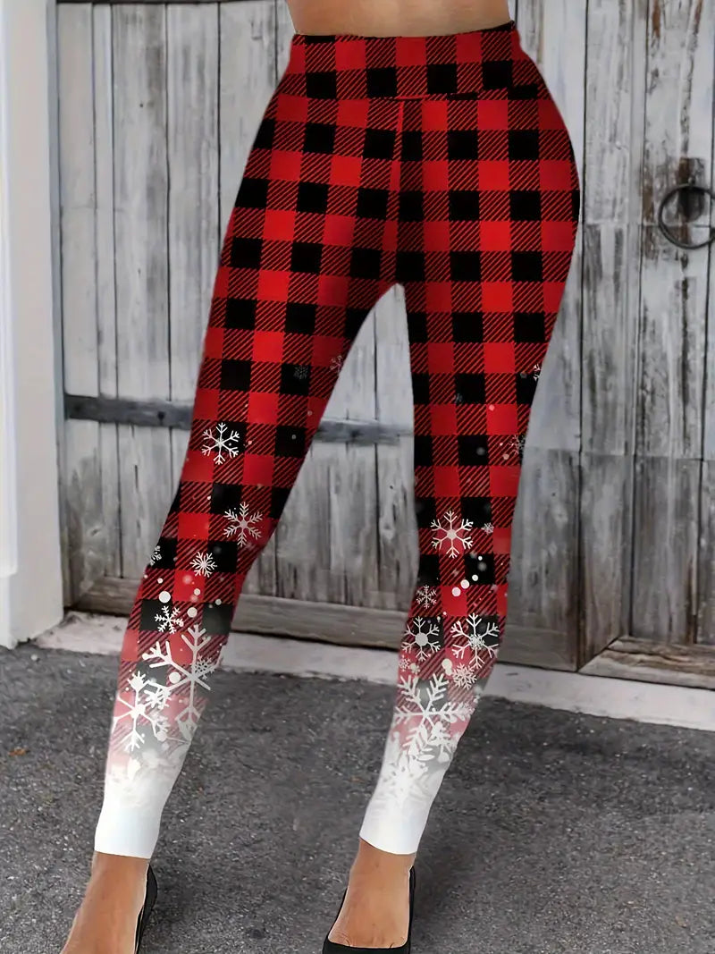 Women's Festive Plaid & Snowflake Print Skinny Leggings