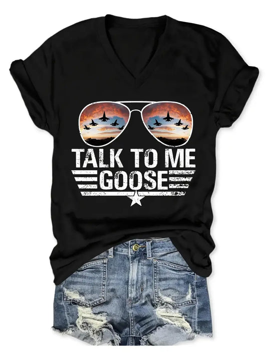 Women's "Talk to Me Goose" Pilot Fashion Glasses Graphic V-neck T-Shirt