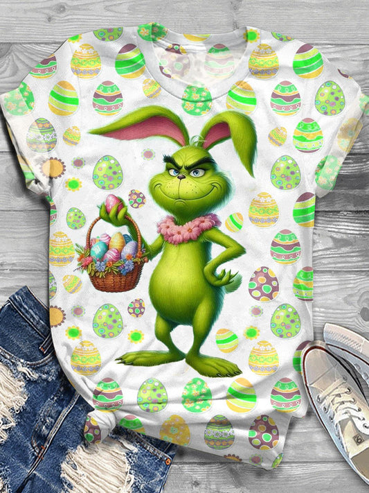 Easter Funny Cartoon Character Print Crew Neck T-shirt