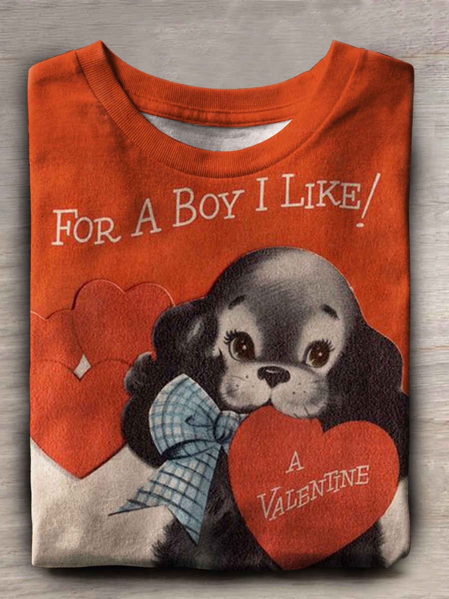 Vintage Valentine's Day Dog Print Casual Crew Neck T-shirt