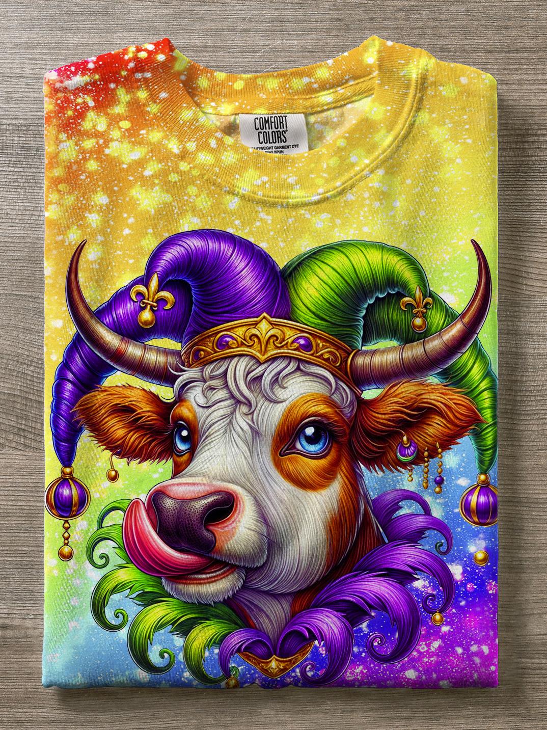 Mardi Gras Cow Character Party Rainbow Starlight Print Casual T-shirt