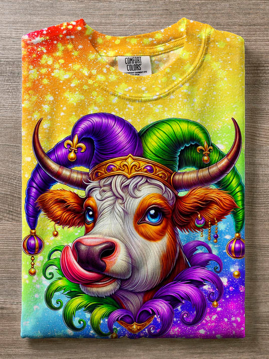 Mardi Gras Cow Character Party Rainbow Starlight Print Casual T-shirt