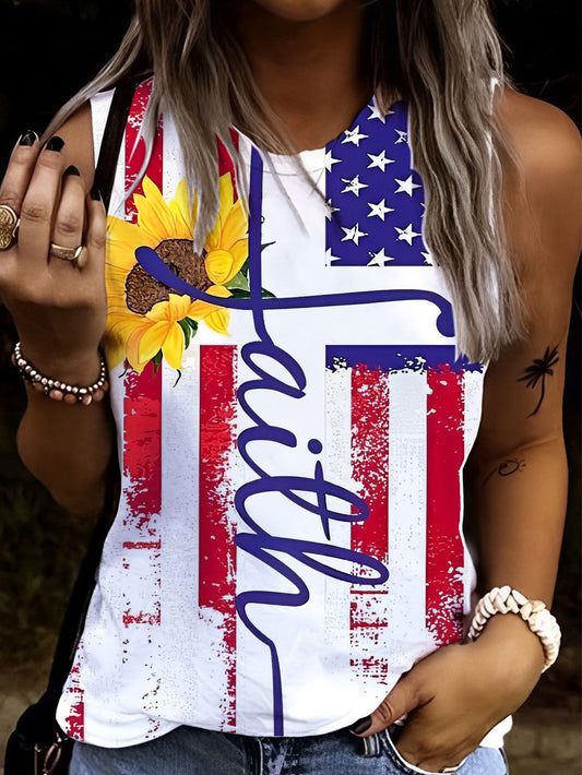 Faith Flag Sunflower Print Casual Tank Tops