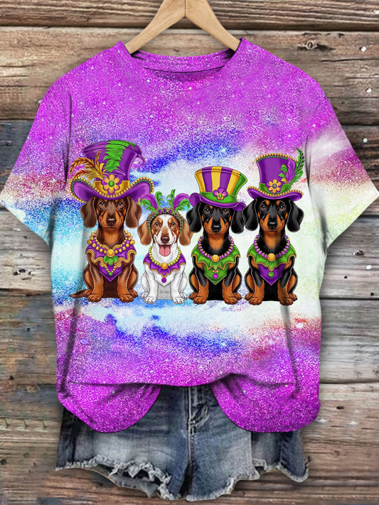 Mardi Gras Happy Holidays Dog Print Casual T-Shirt