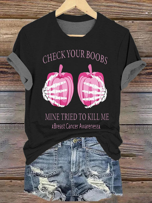 Check Your boobs Mine tried To kill Me Crew Neck T-shirt