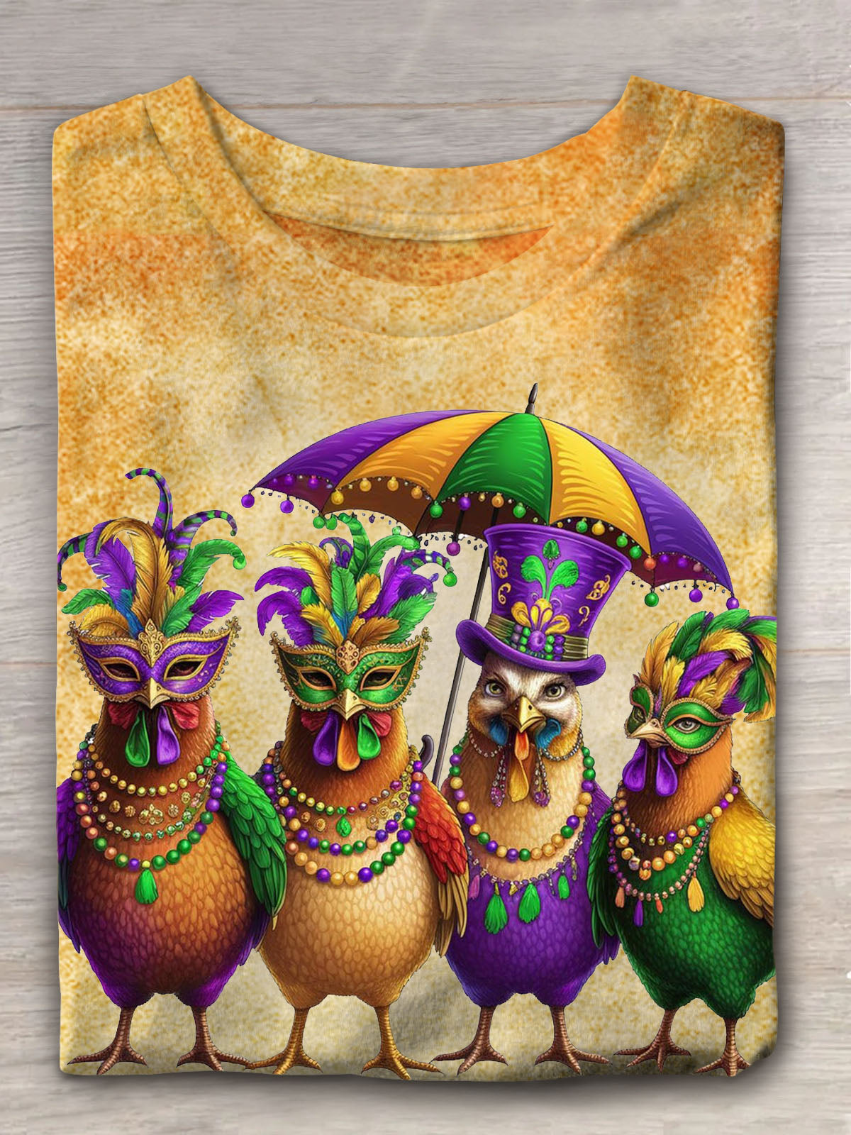 Mardi Gras Funny Chicken Character Party Print Casual T-shirt