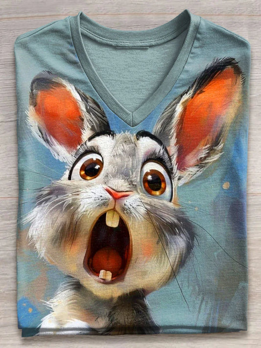 Cute Rabbit Art Print V-neck Casual T-Shirt