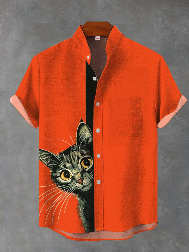 Orange-Red Cute Curious Kitten Printing Breast Pocket Cotton Linen Short Sleeve Shirt
