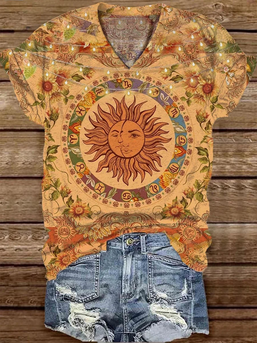 Tarot Card Sun And Moon Pattern Print V-neck T-Shirt