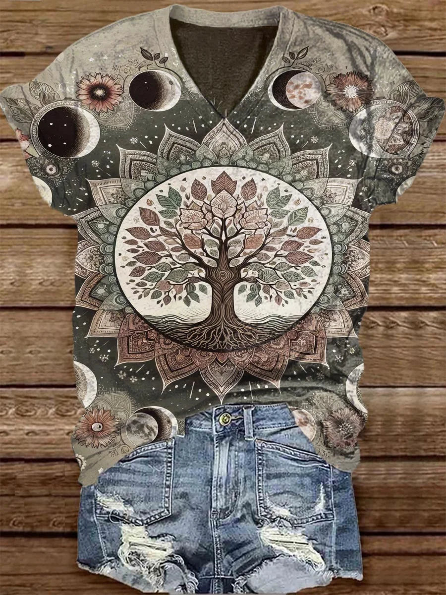 Tarot Tree Of Life Pattern Casual V-Neck T-Shirt