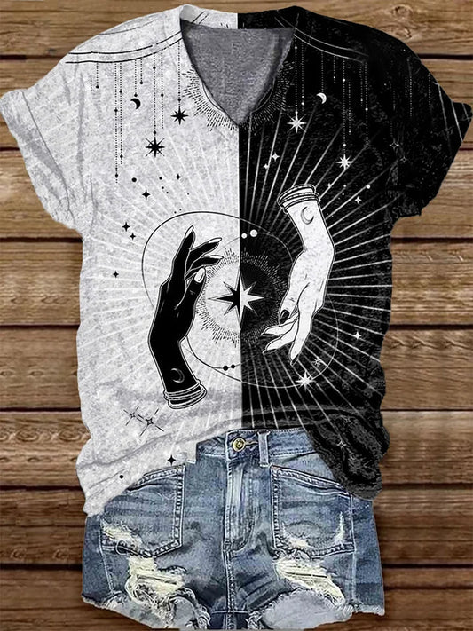 Tarot Card Divination Pattern Print V-neck Casual T-Shirt