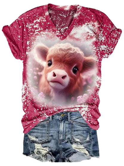 Floral Baby Highland Cow Tie Dye V Neck Casual T-Shirt