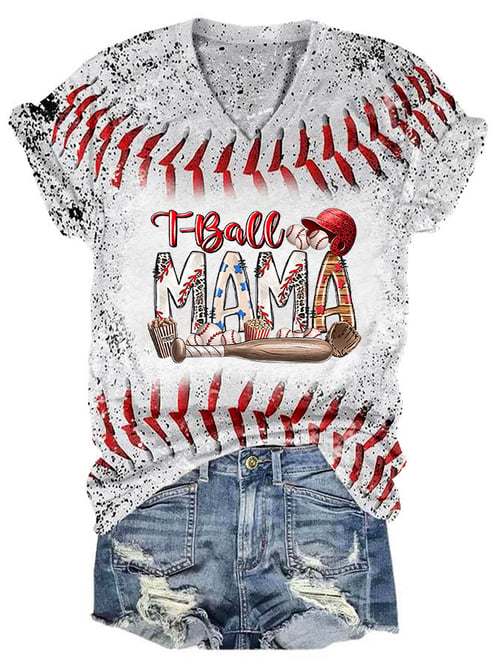 Women's T-ball Mama Baseball Print Crew Neck T-shirt