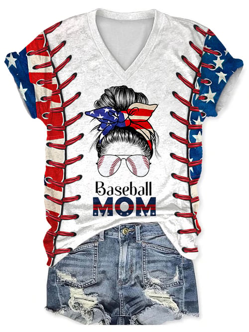 Women's Retro Flag Baseball Mom Print V-Neck T-Shirt