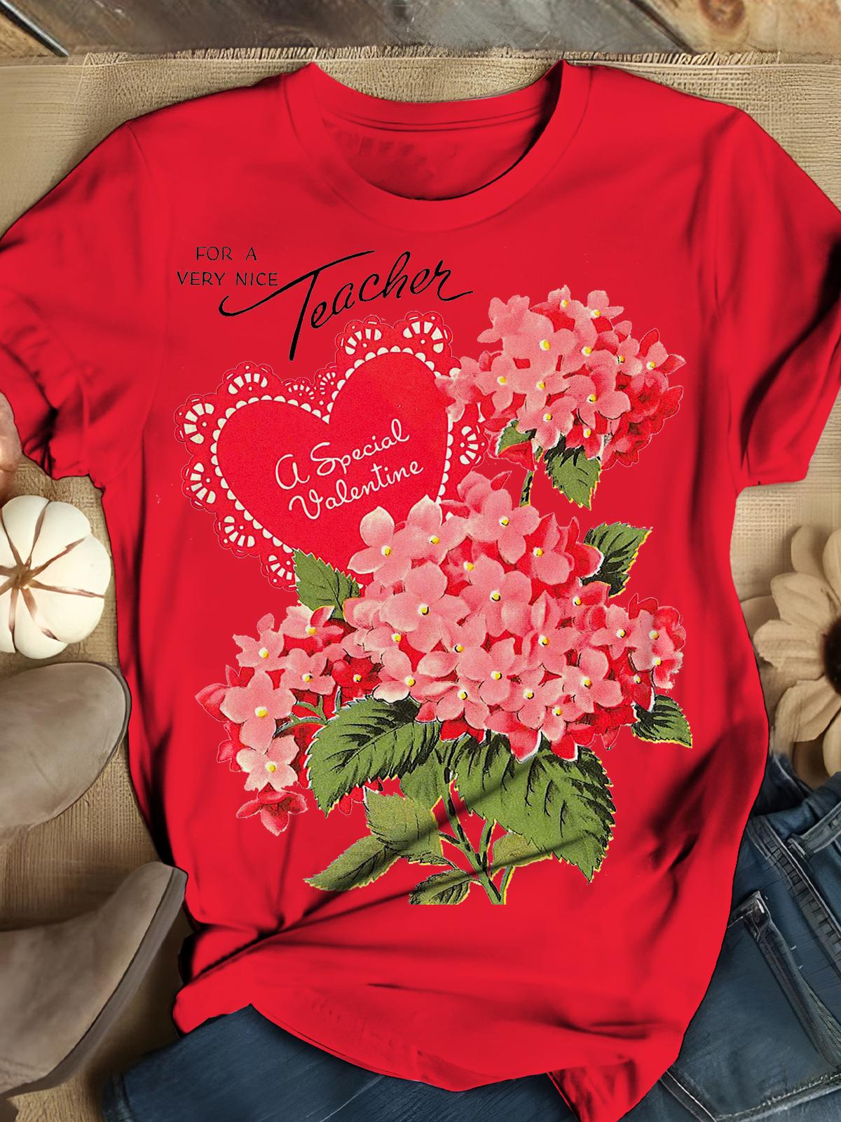 Women's Retro Valentine's Day Flower Ball Heart Print Casual T-shirt