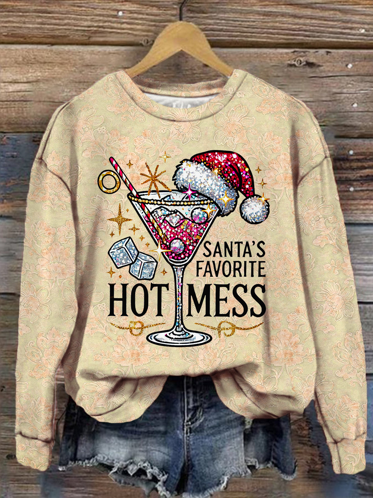 Santa's Favorite Hot Mess Vintage Print Long Sleeve Top